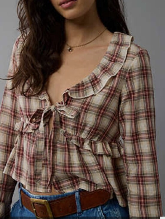 American Eagle Outfitters Tops - American Eagle  Plaid Ruffle Tie-Front Top *Large *NWT